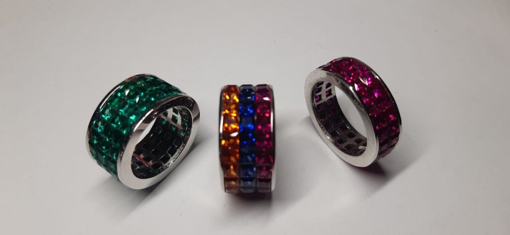 Colored gemstone eternity bands from Azure Jewelry